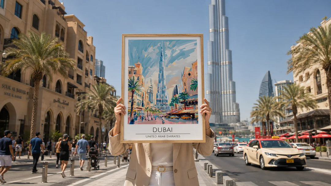 A person in a beige coat holds up a framed travel poster of Dubai, featuring a colorful illustration of the Burj Khalifa and street scene, with the Burj Khalifa and Dubai street scene in the background.