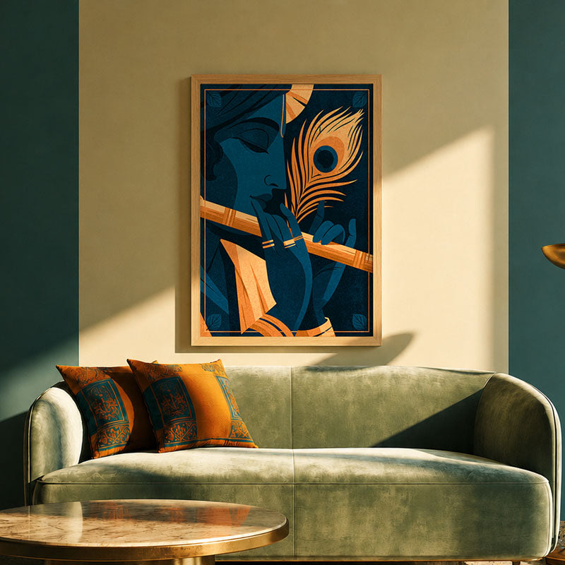 Pichwai-inspired Shrinathji artwork in a modern Indian living room