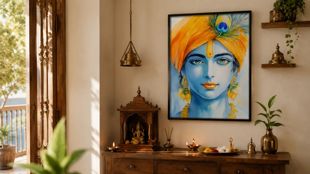 Framed devotional wall art of Lord Krishna in a calm pooja corner of a modern Indian home
