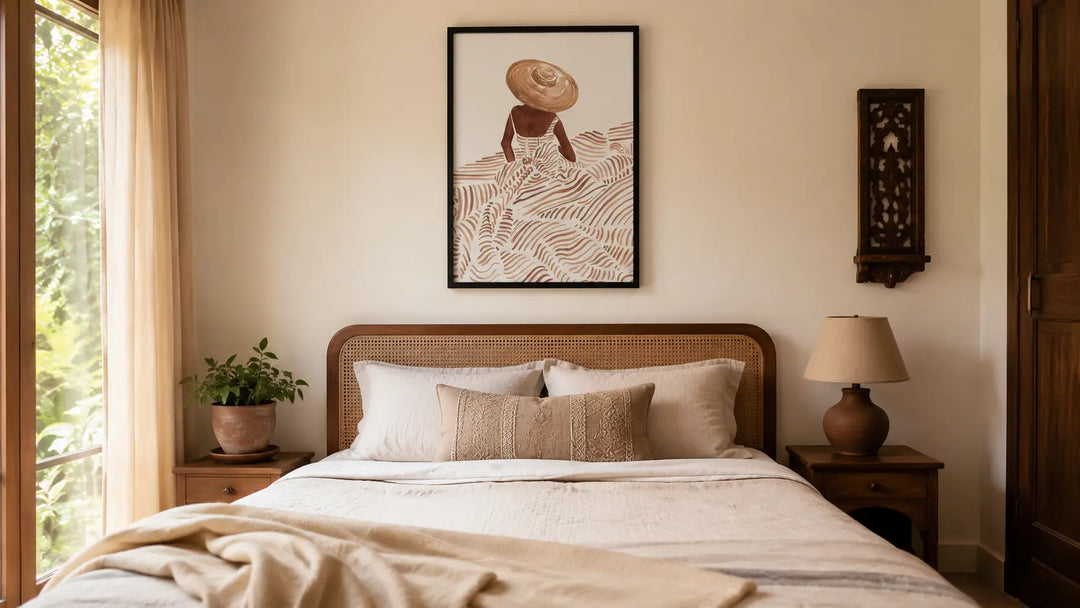 Framed wall art above the bed in a calm Indian bedroom