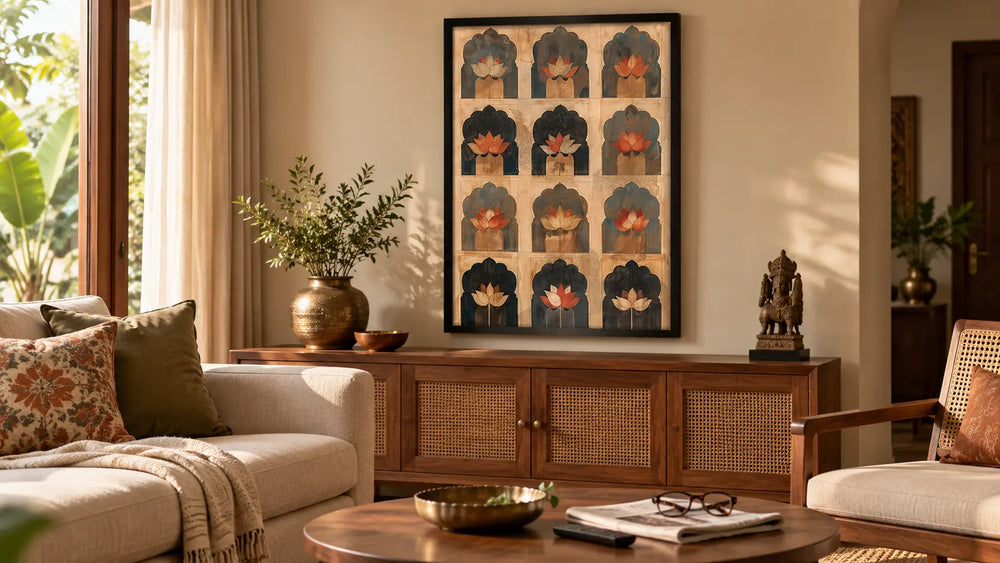 Framed wall art with personal character in a modern Indian living room