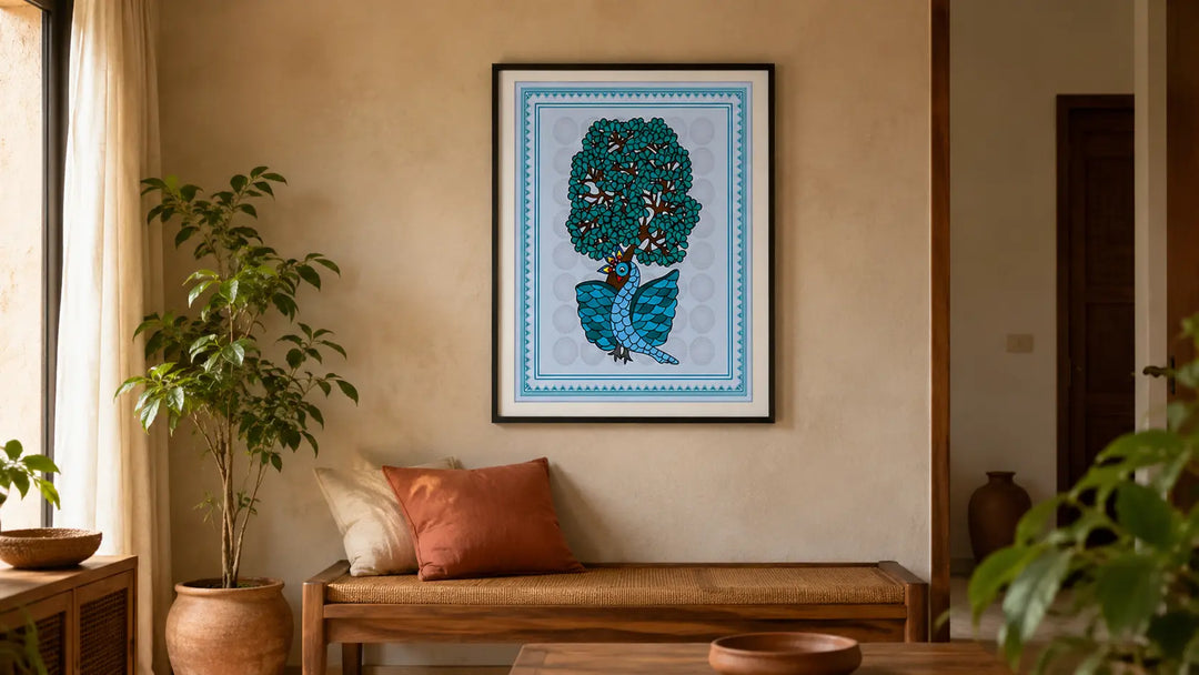 Gond-inspired artwork framed in a modern Indian living room