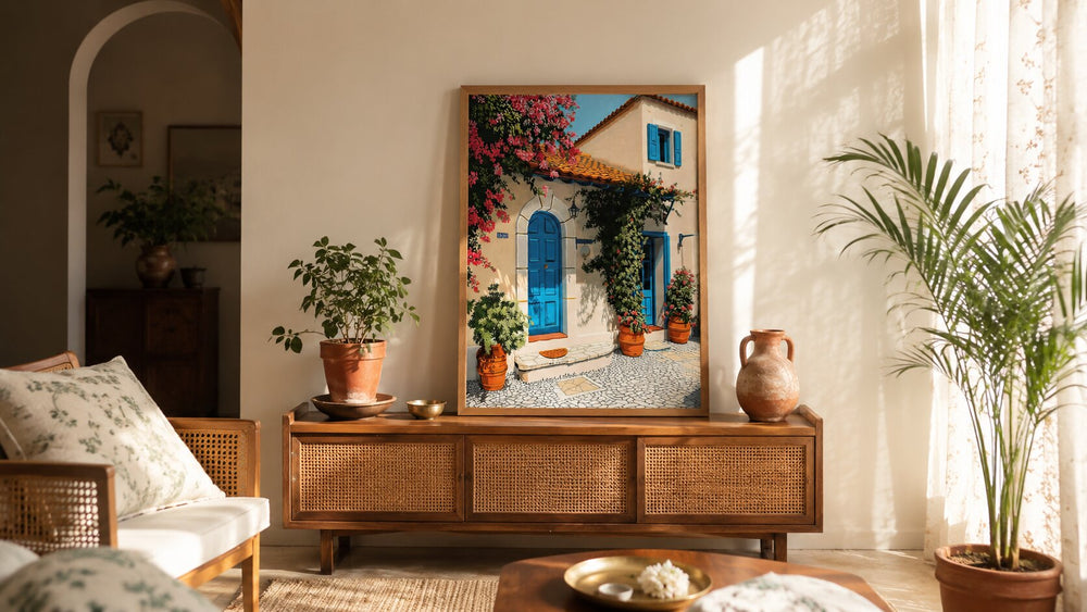 Sunlit Summer wall art styled in a warm Indian living room