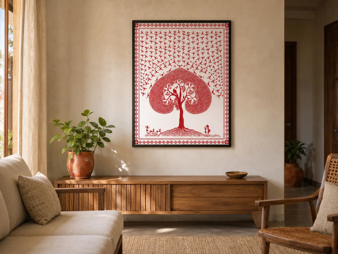Warli-inspired artwork framed above a wooden console in a modern Indian living room