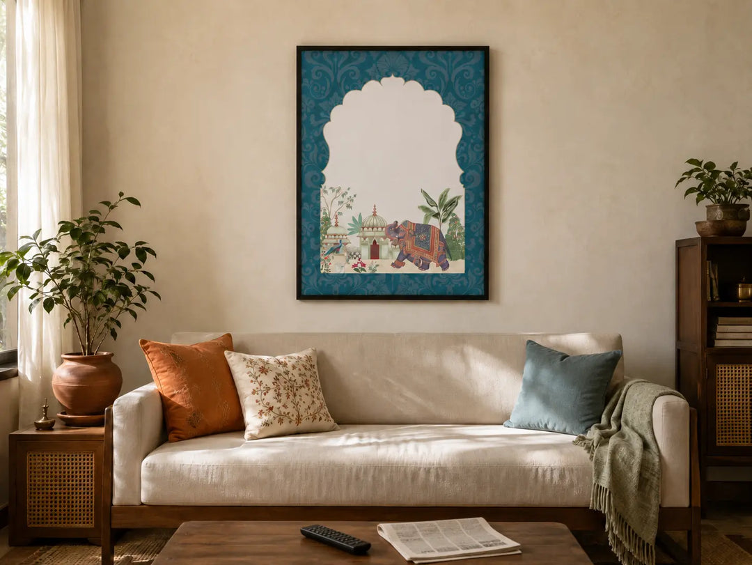 indian art placed above sofa in indian home