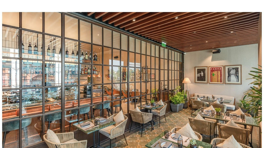 Framed wall art in a modern cafe seating area