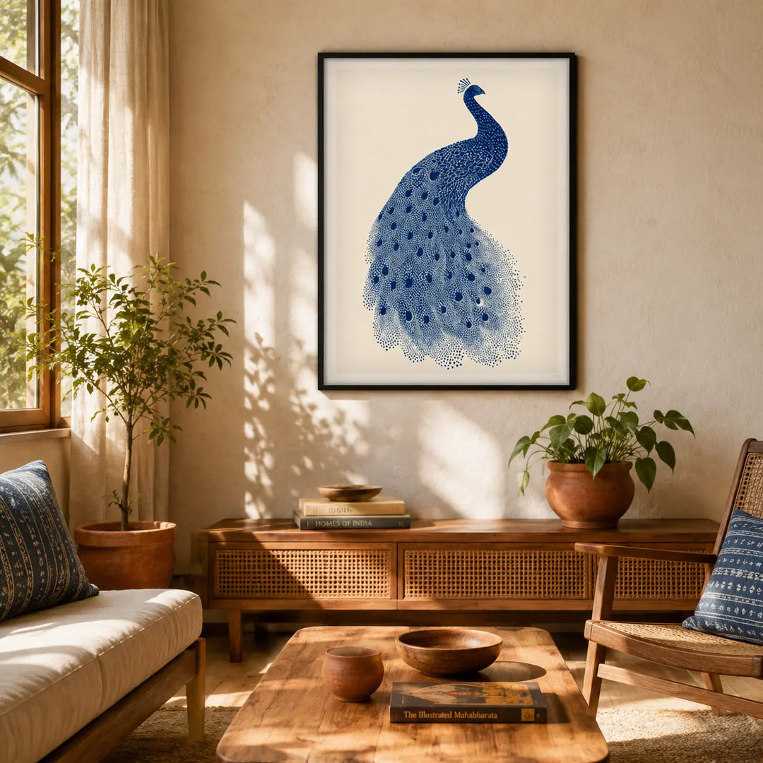 Blue peacock art placed in the living room of an indian modern home