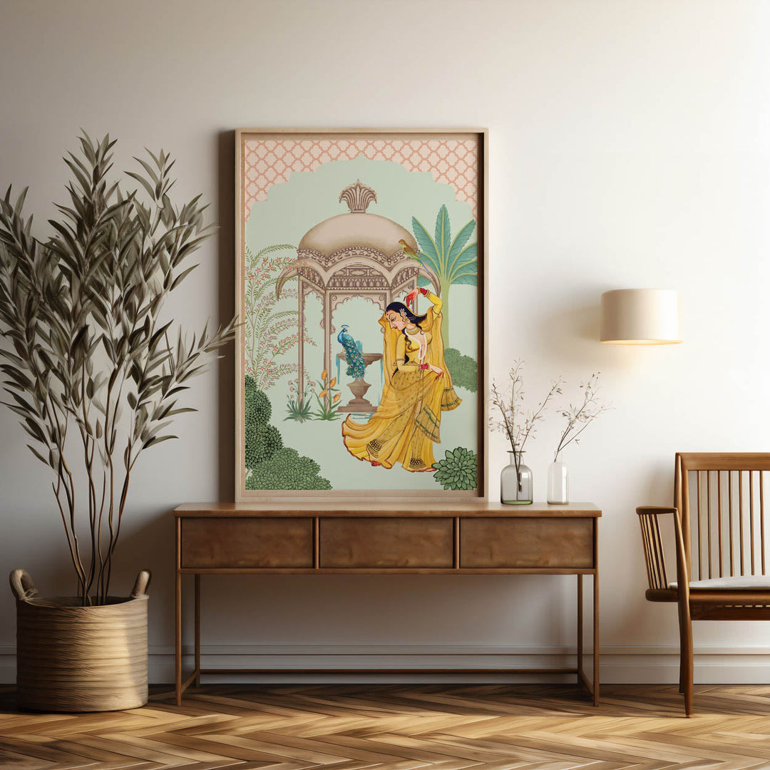 indian art showing women dancing with peacock
