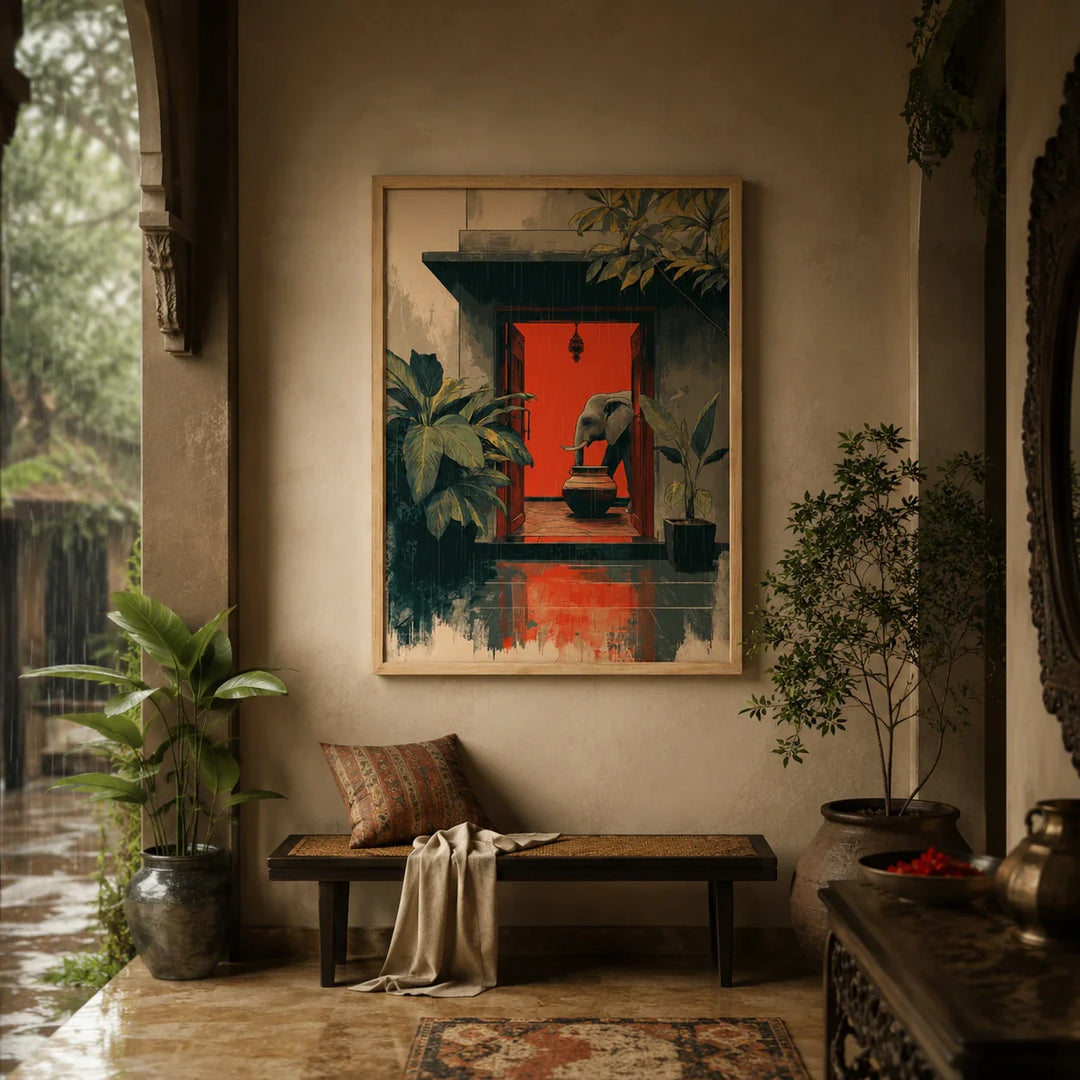Elephant at the Door artwork hanging in veranda of indian home website