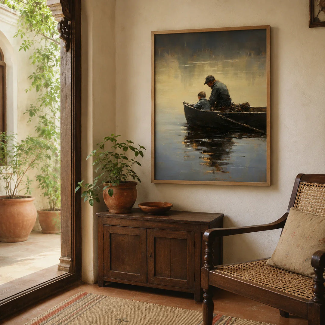 Father and son on a boat vintage artwork in indian home