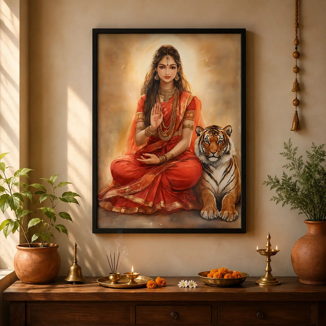 Maa durga painting placed in the pooja space of indian home