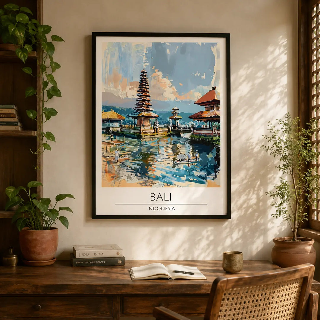 bali travel poster placed above study table in an indian home