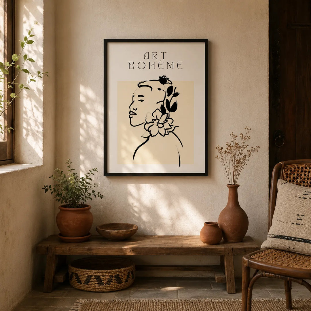 minimalis line art of women in corner of an indian house next to chair