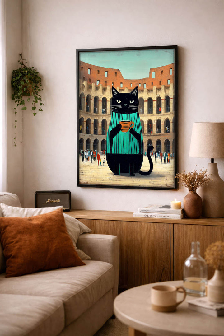 standing cat holding a cup of coffee  