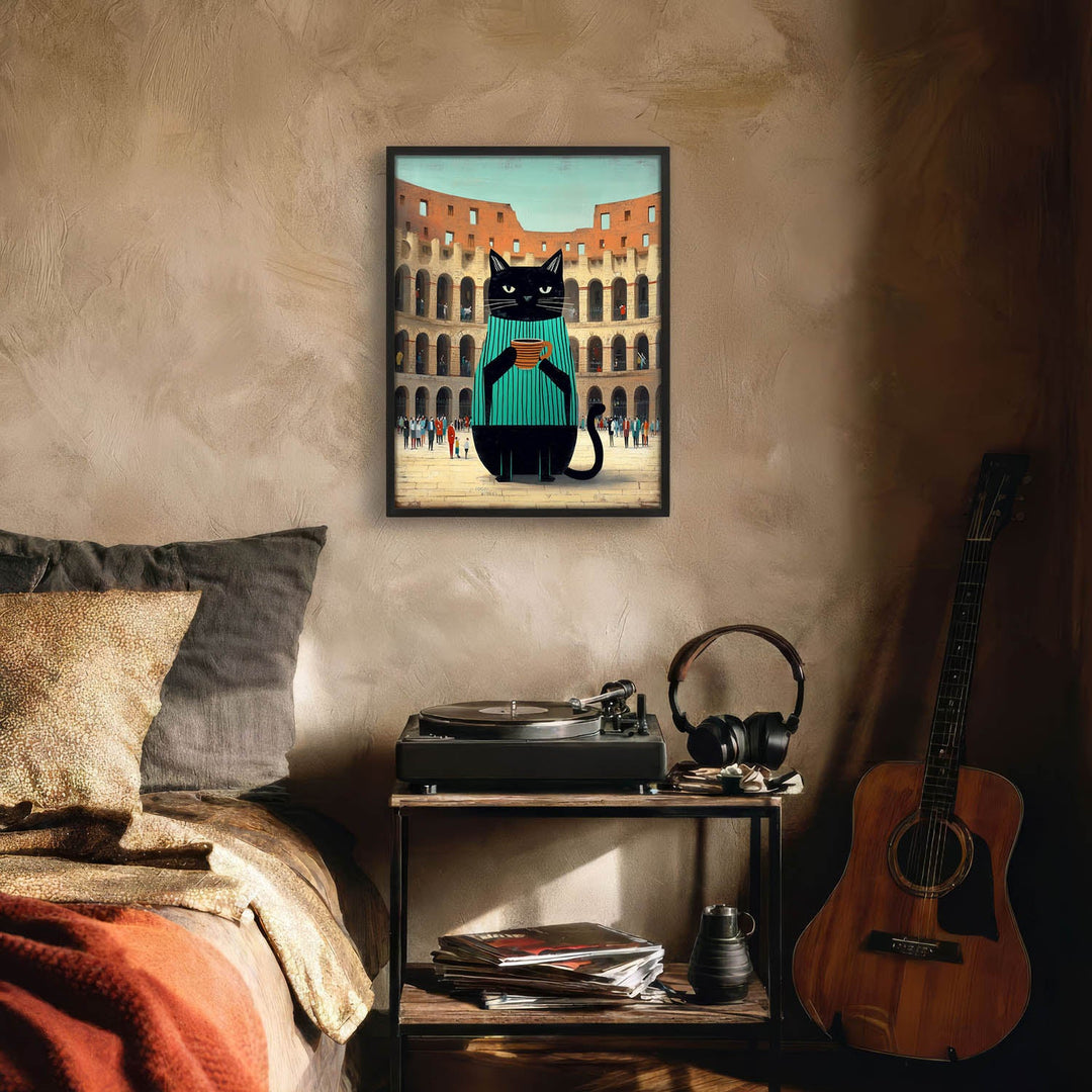 standing cat holding a cup of coffee  