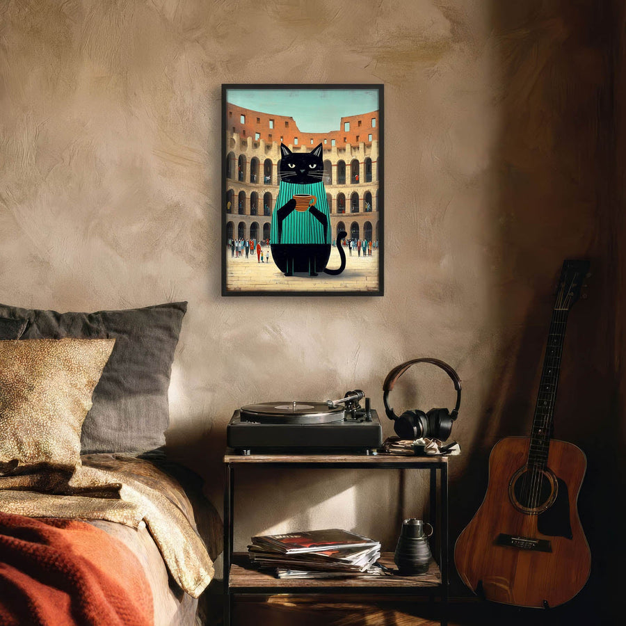 standing cat holding a cup of coffee  