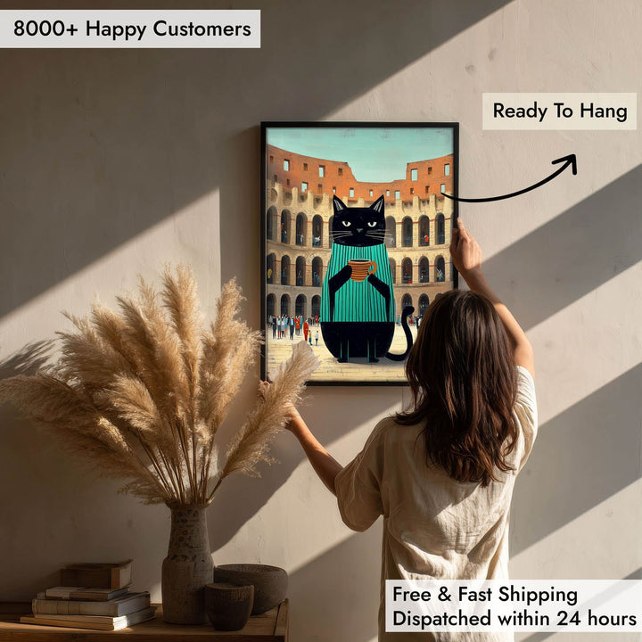 standing cat holding a cup of coffee  