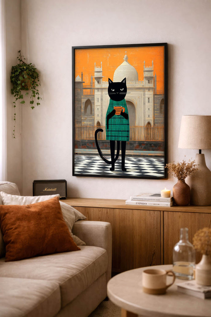 standing cat holding a cup of coffee  