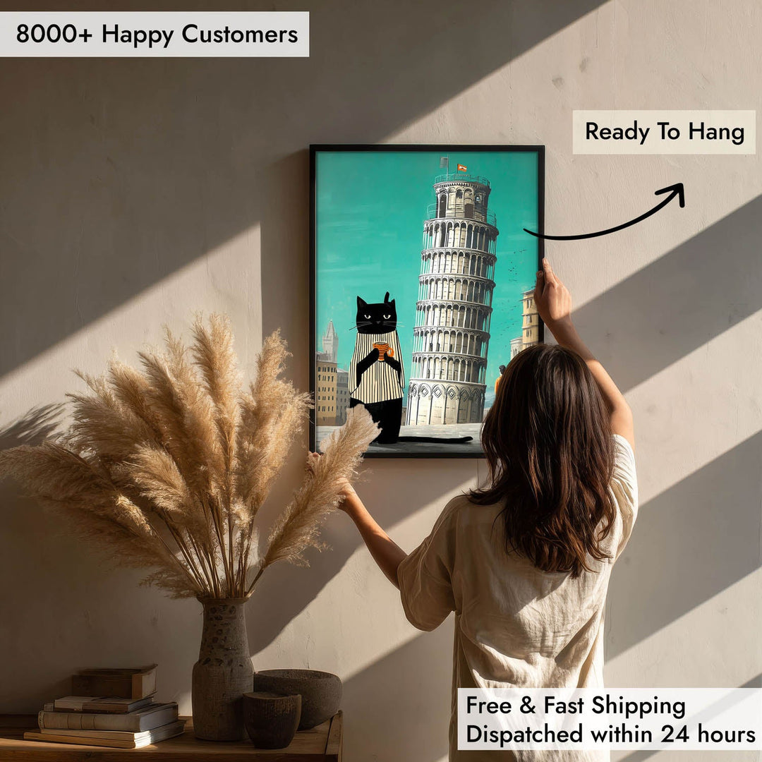 standing cat holding a cup of coffee  