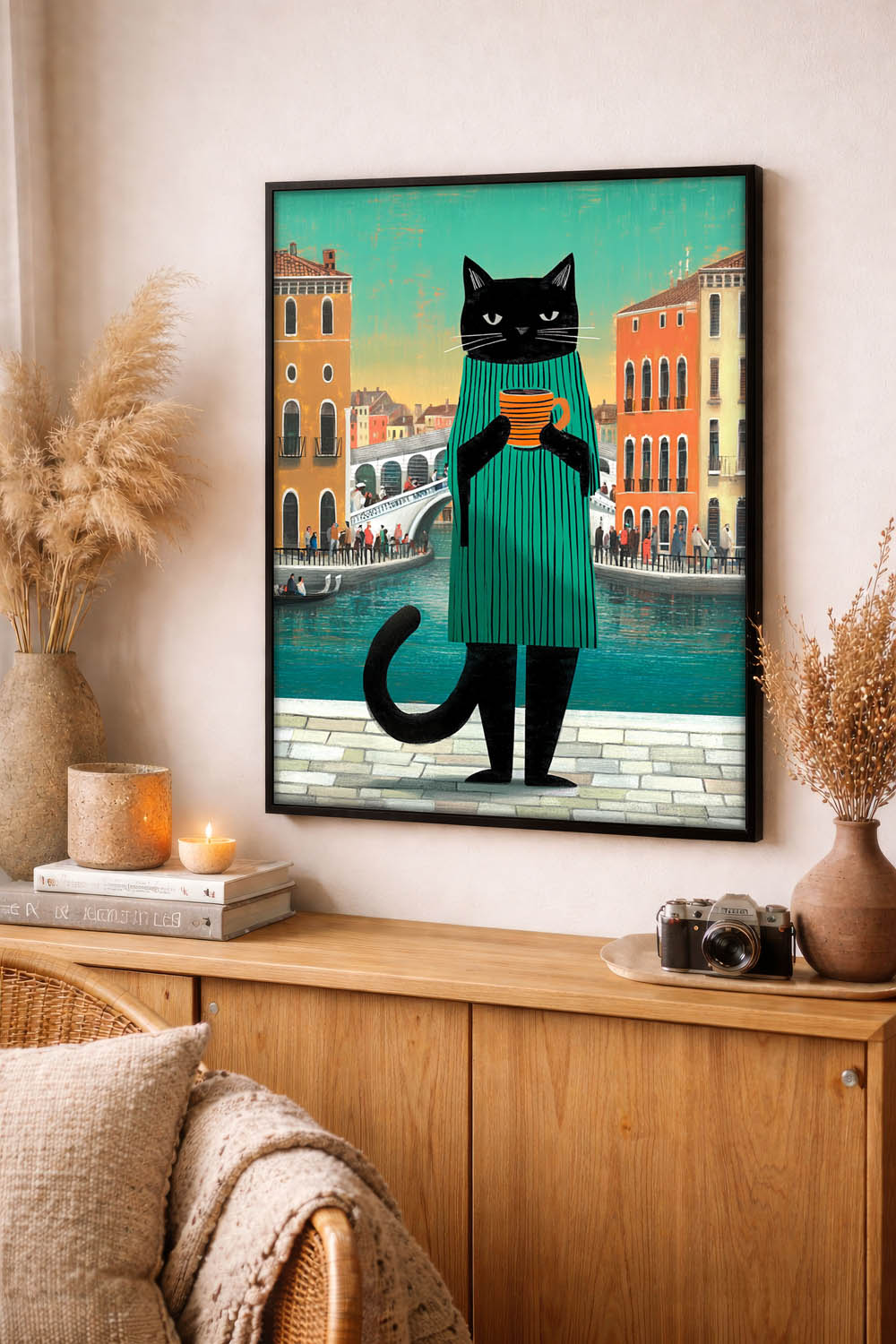 standing cat holding a cup of coffee  