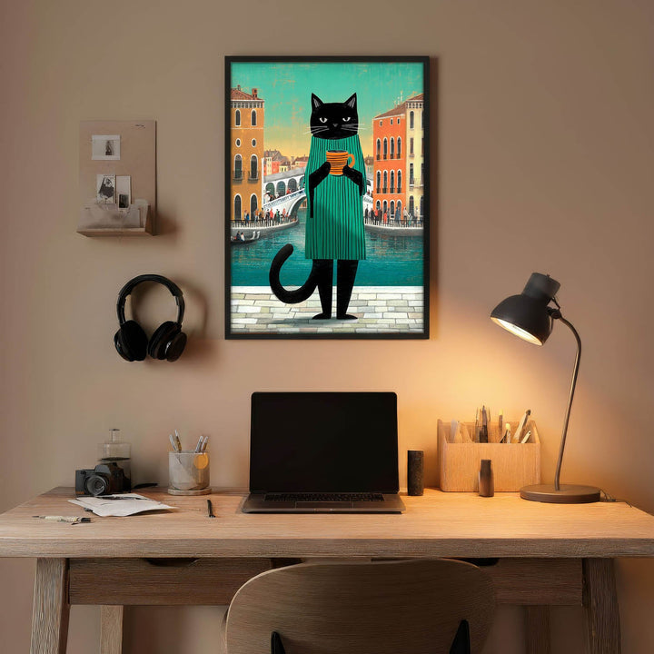 standing cat holding a cup of coffee  