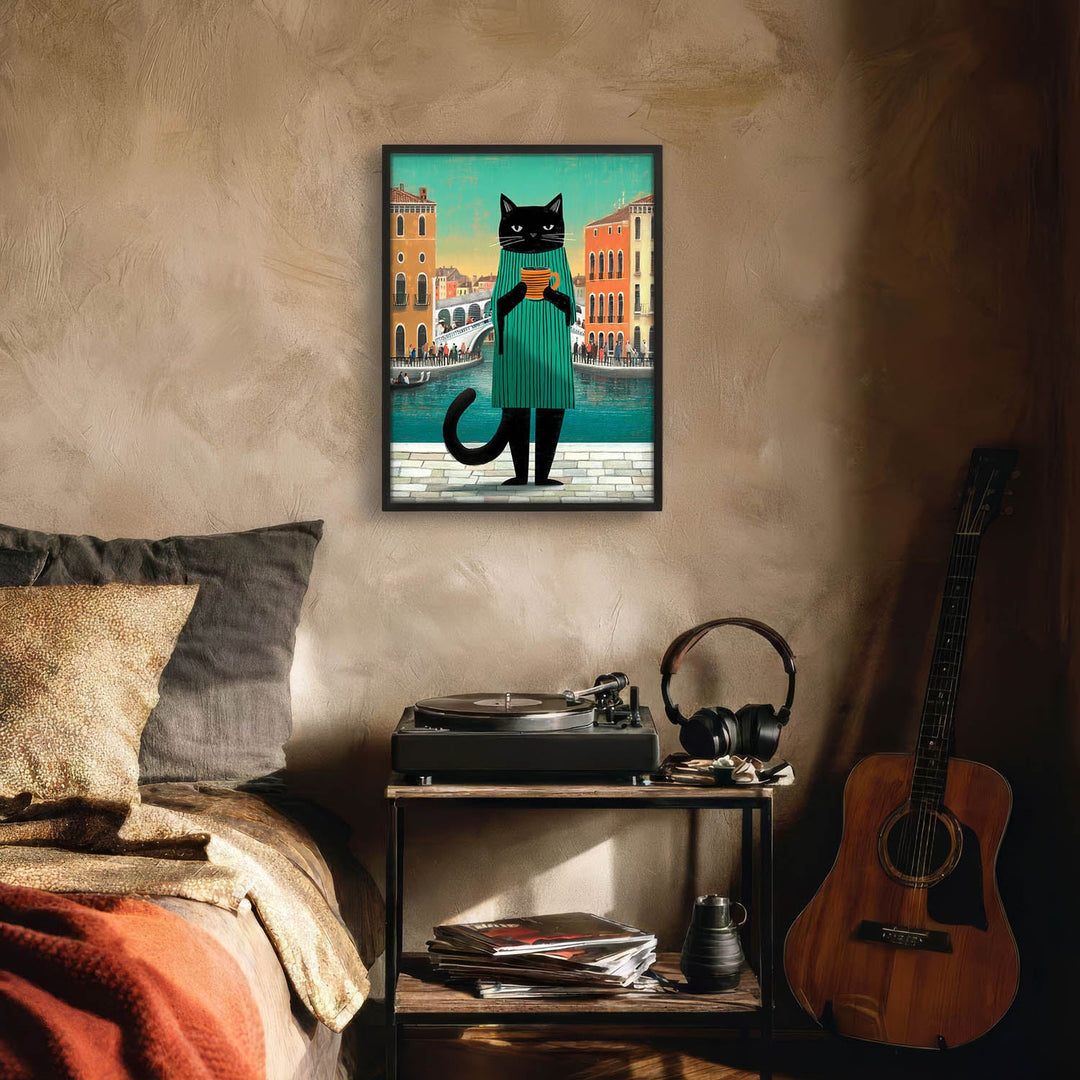 standing cat holding a cup of coffee  