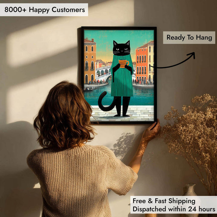 standing cat holding a cup of coffee  