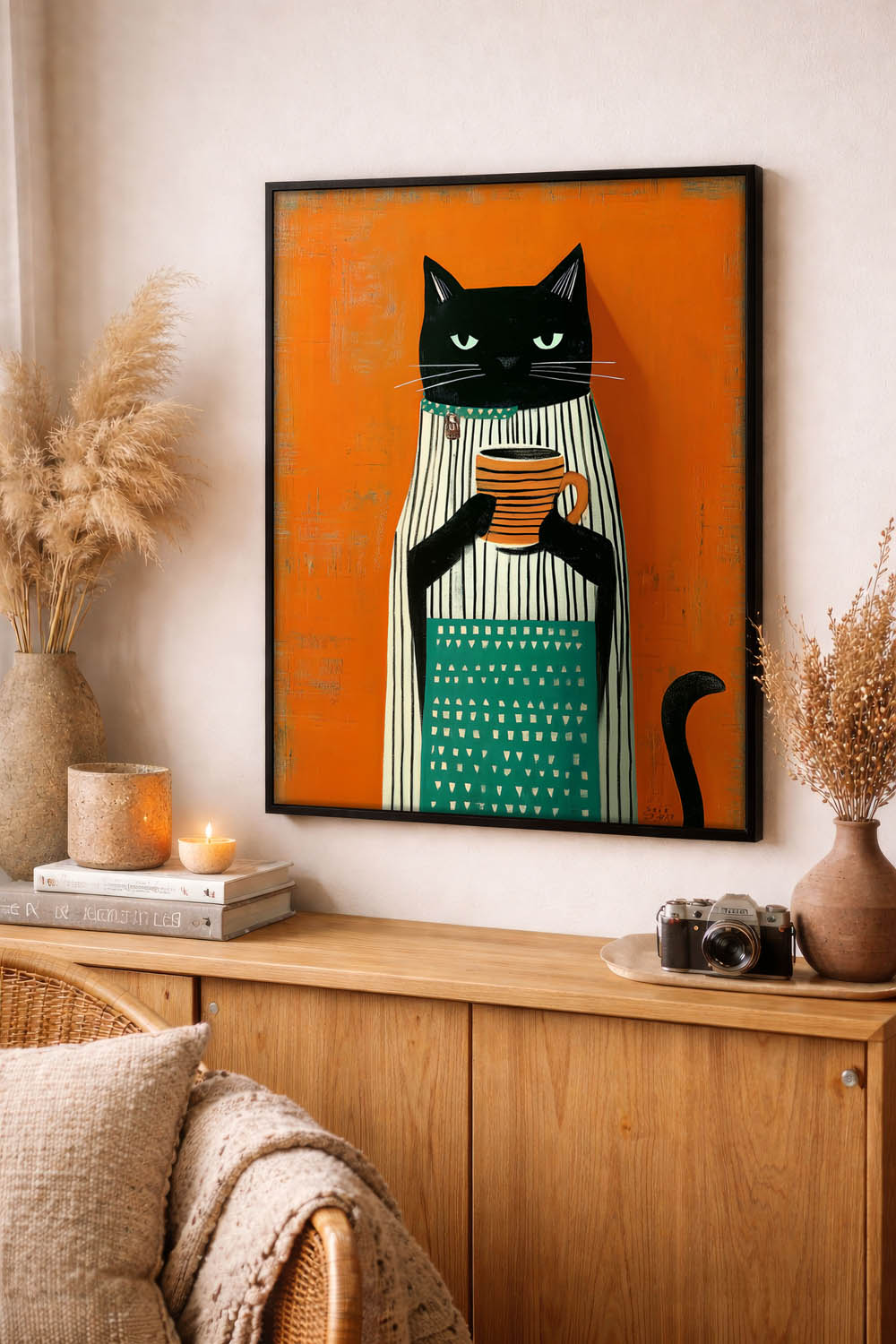 standing cat holding a cup of coffee  