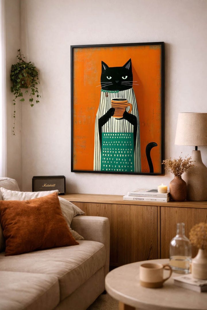 standing cat holding a cup of coffee  