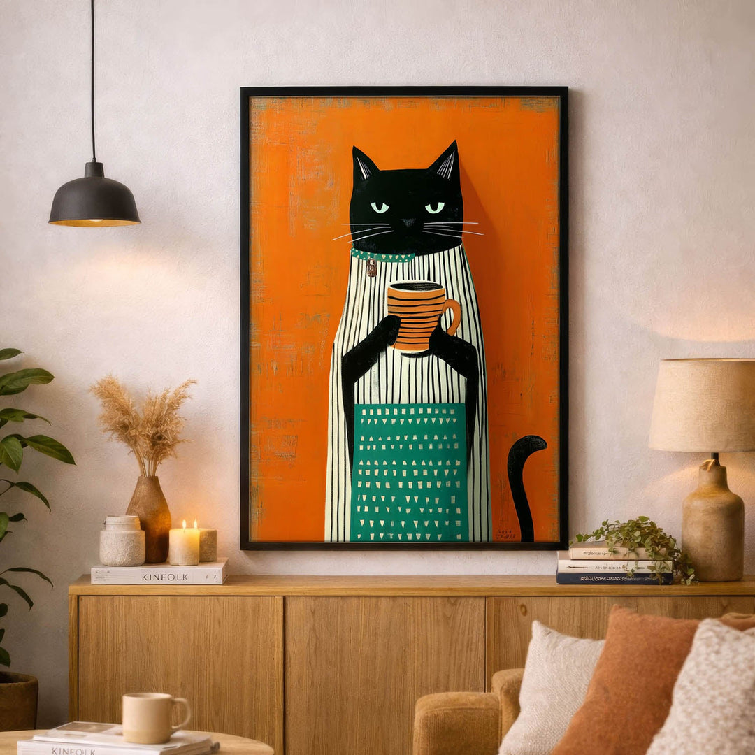 standing cat holding a cup of coffee  