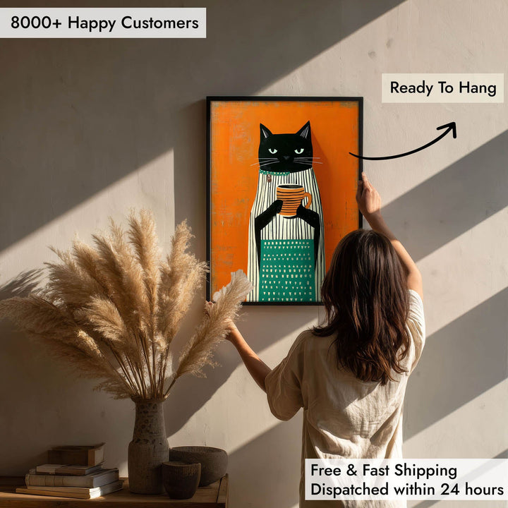 standing cat holding a cup of coffee  