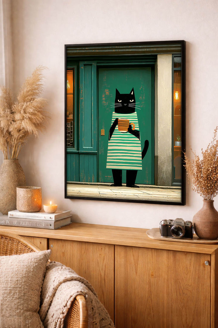 standing cat holding a cup of coffee  