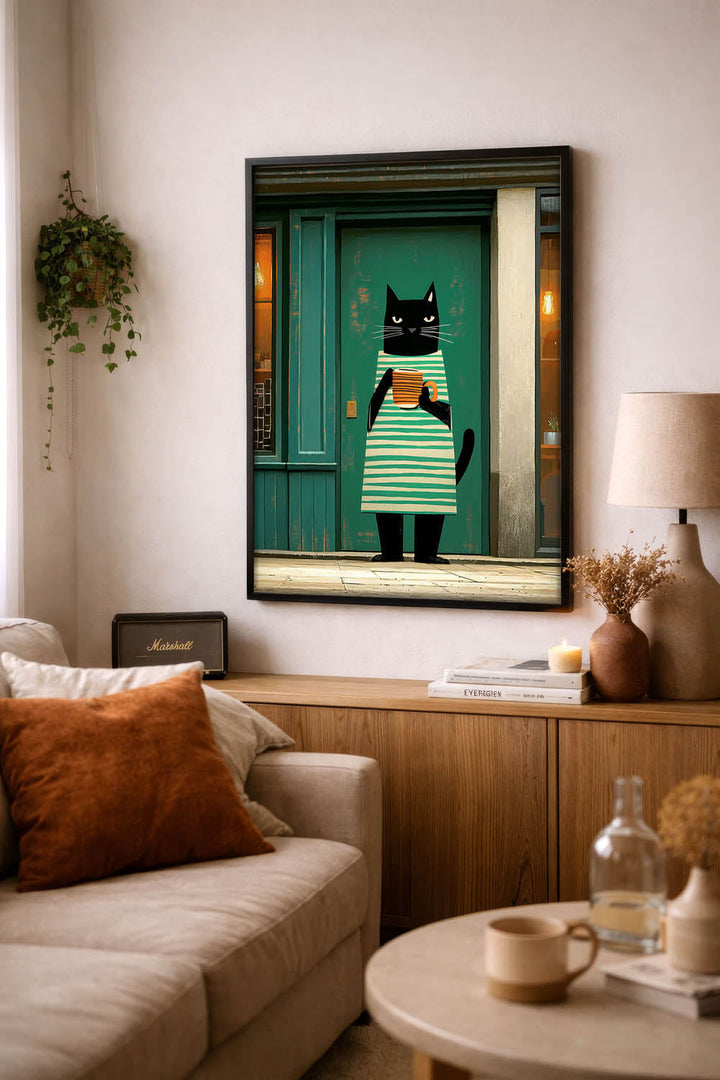 standing cat holding a cup of coffee  