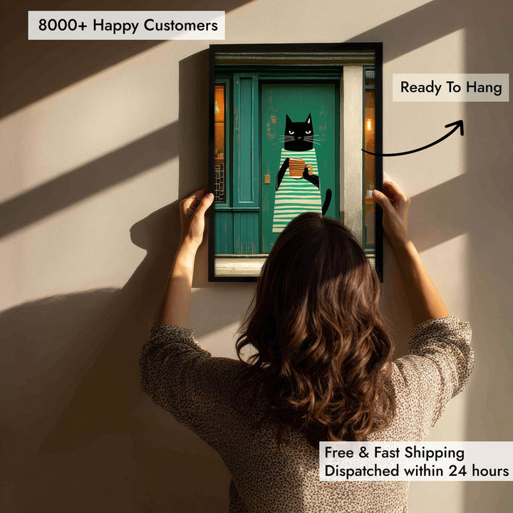 standing cat holding a cup of coffee  