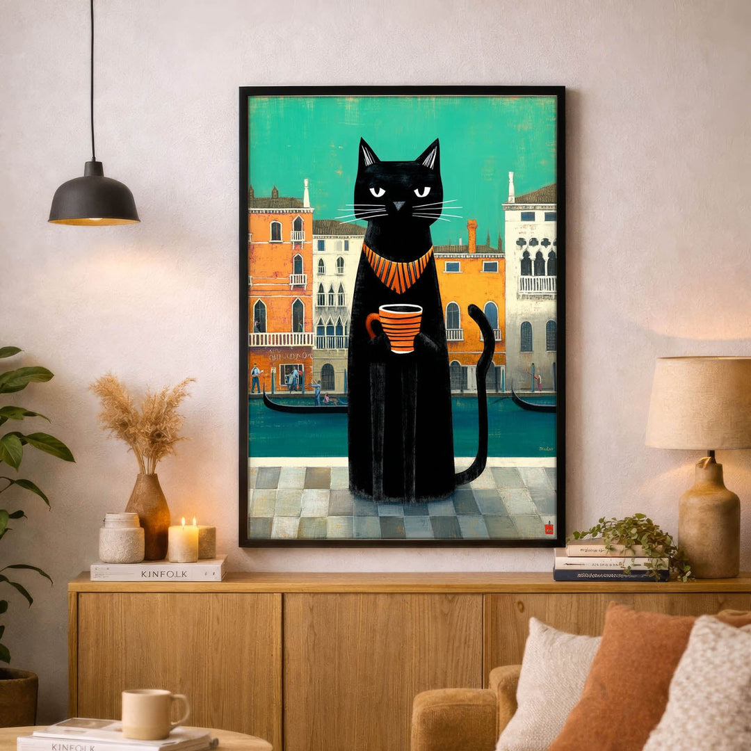 standing cat holding a cup of coffee  