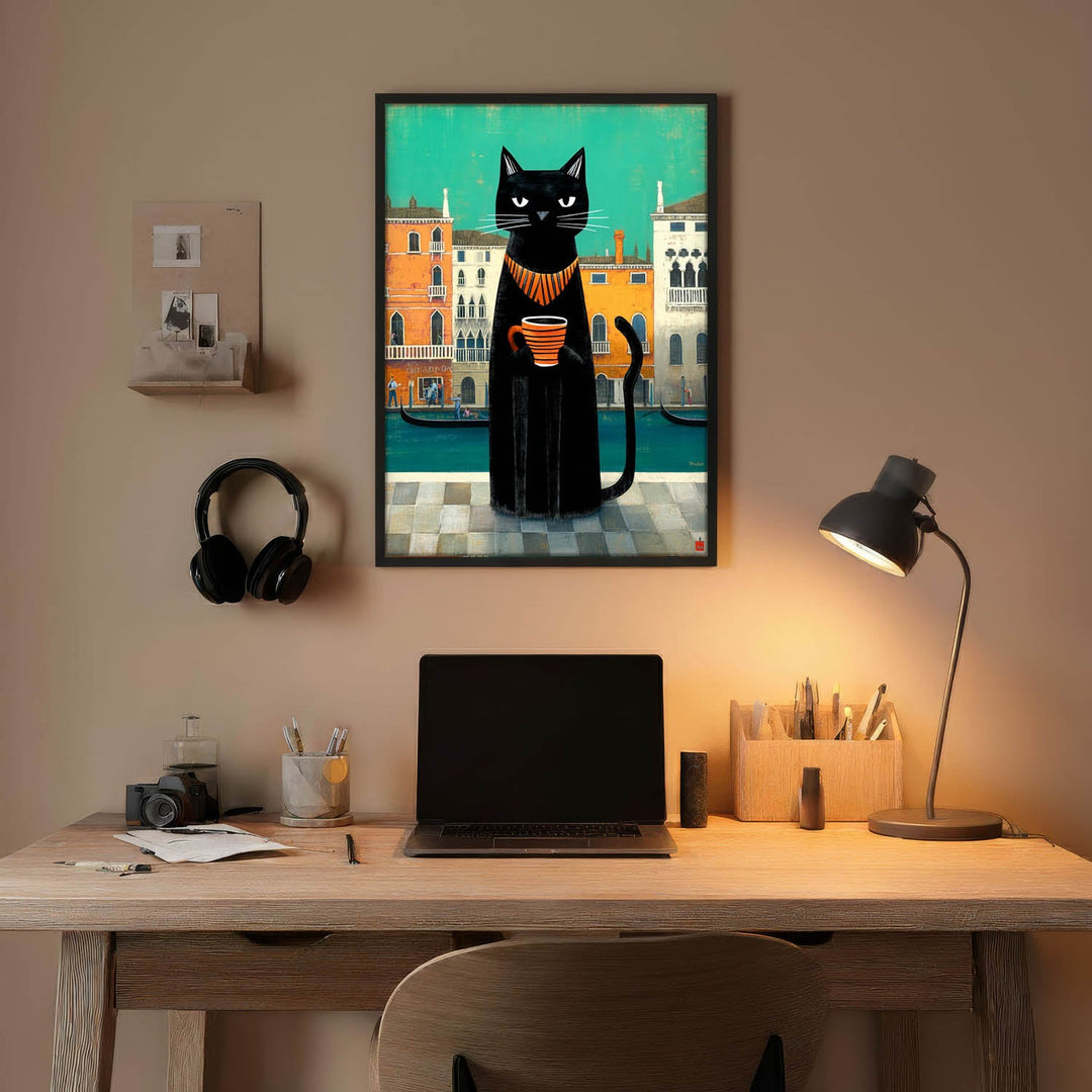 standing cat holding a cup of coffee  