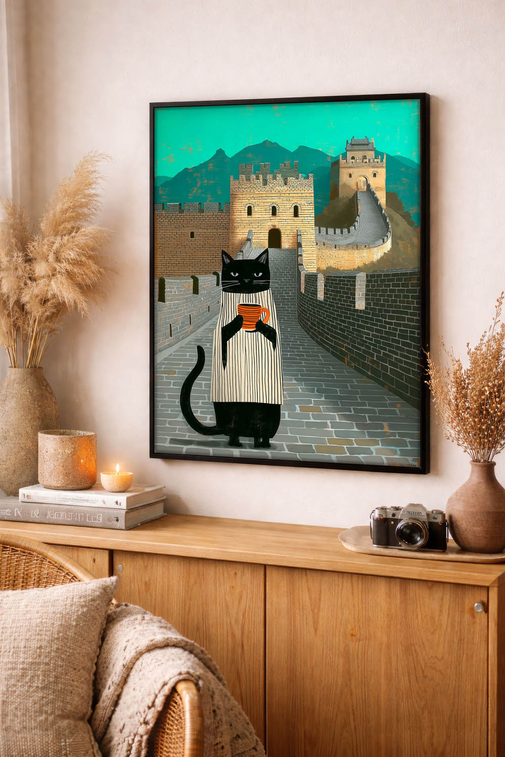 standing cat holding a cup of coffee  