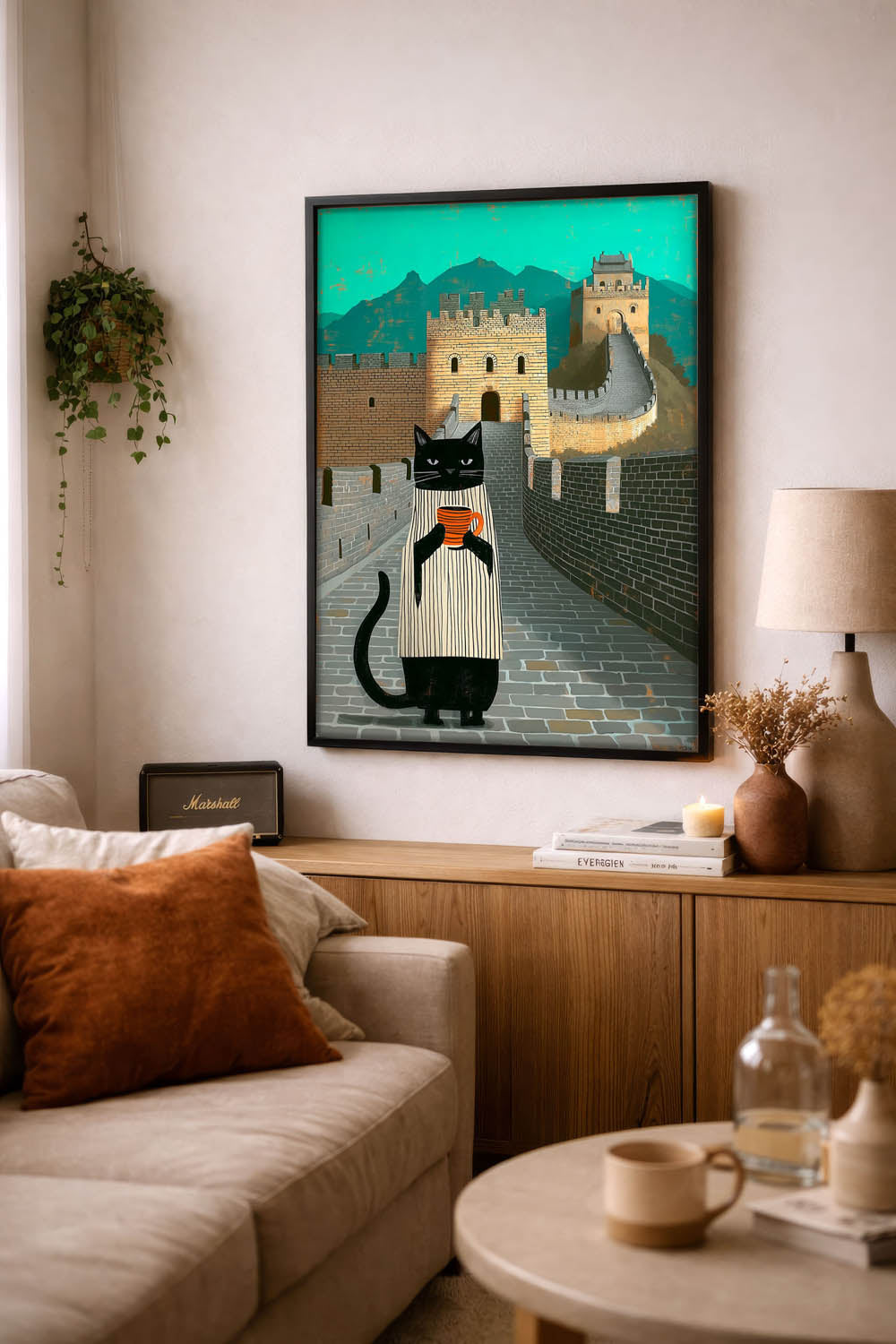 standing cat holding a cup of coffee  