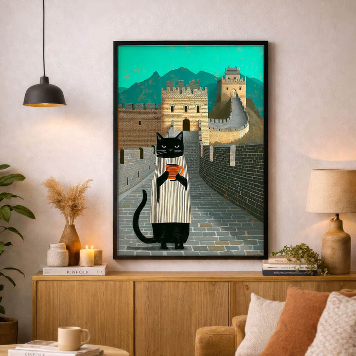 standing cat holding a cup of coffee  