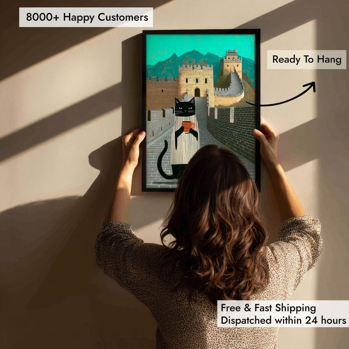 standing cat holding a cup of coffee  