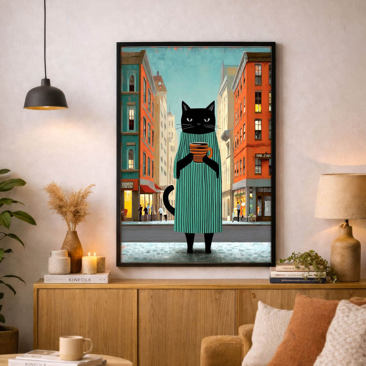 standing cat holding a cup of coffee  