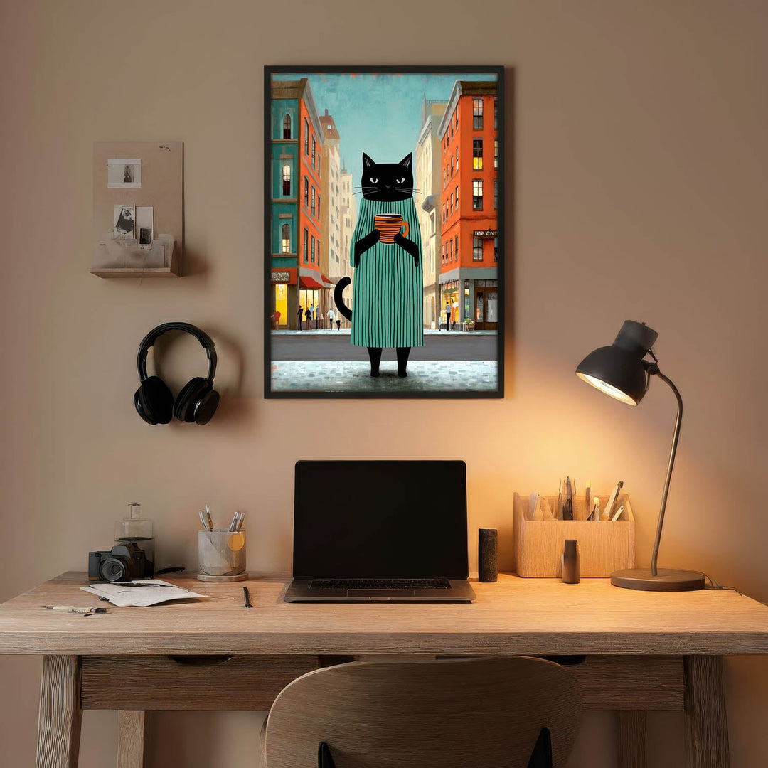 standing cat holding a cup of coffee  