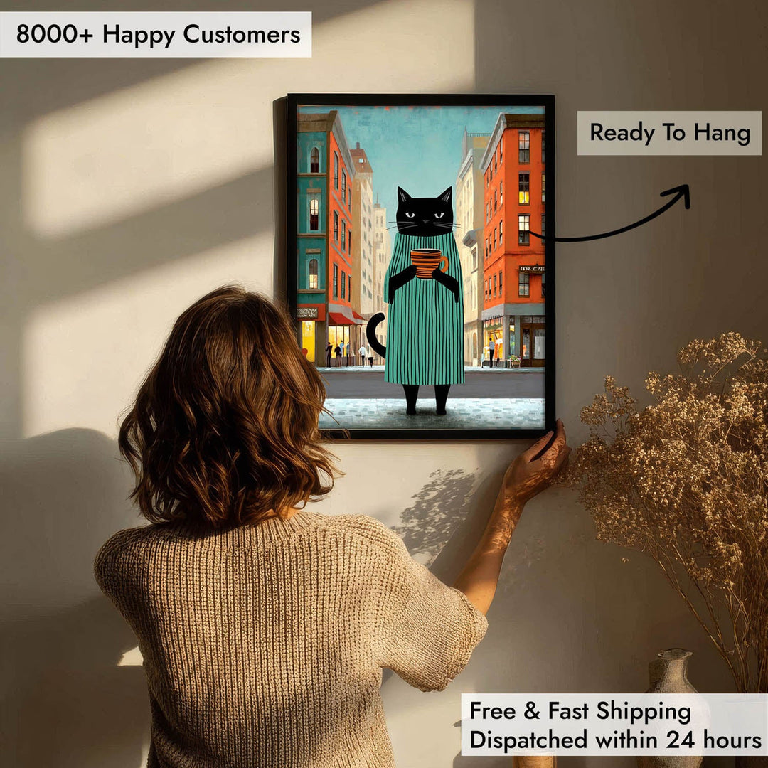 standing cat holding a cup of coffee  