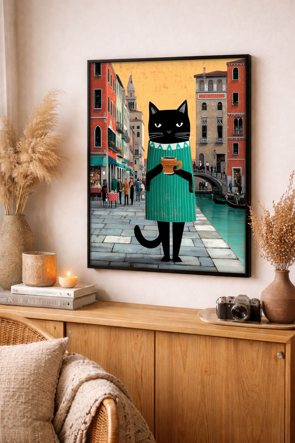 standing cat holding a cup of coffee  