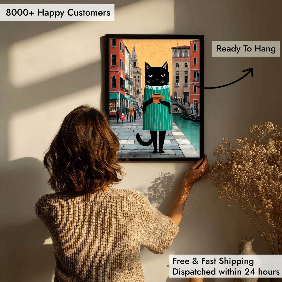 standing cat holding a cup of coffee  