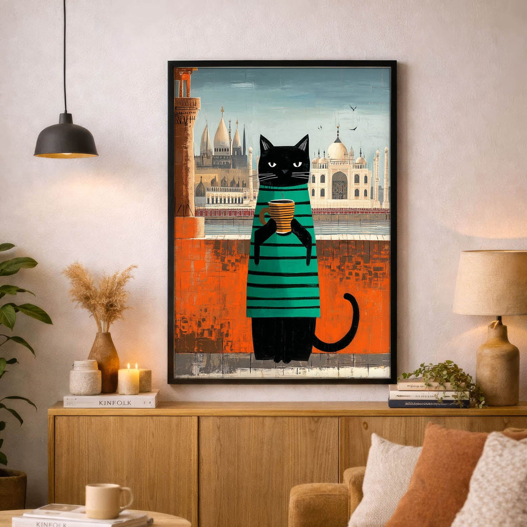 standing cat holding a cup of coffee  