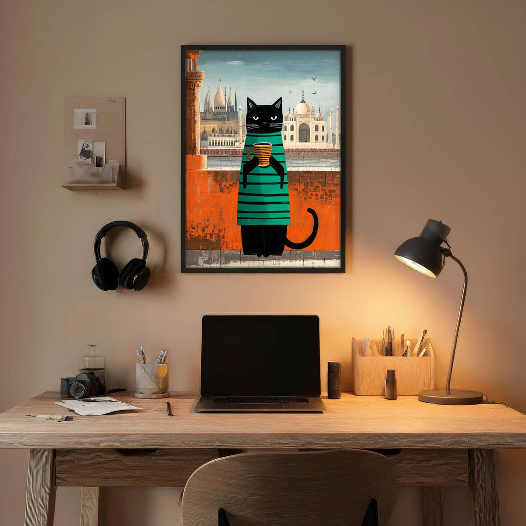 standing cat holding a cup of coffee  