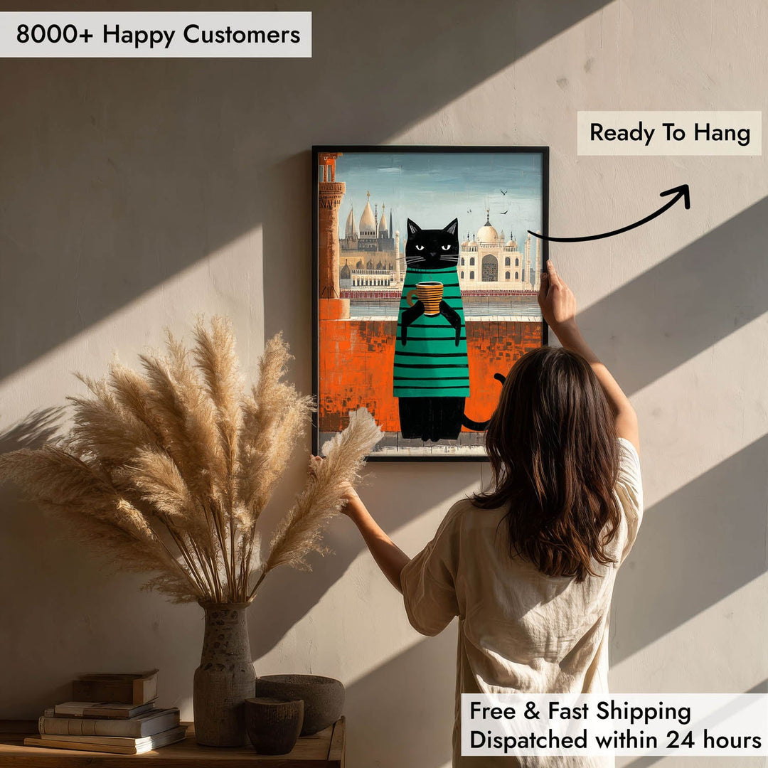 standing cat holding a cup of coffee  