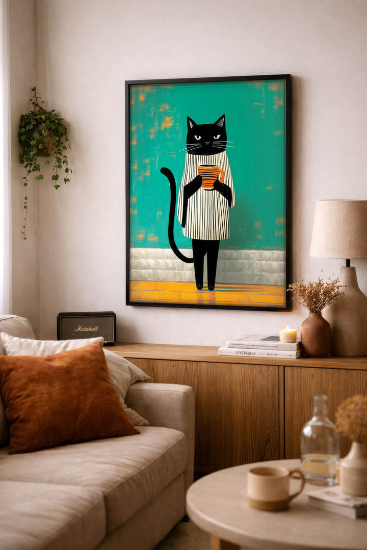 standing cat holding a cup of coffee  