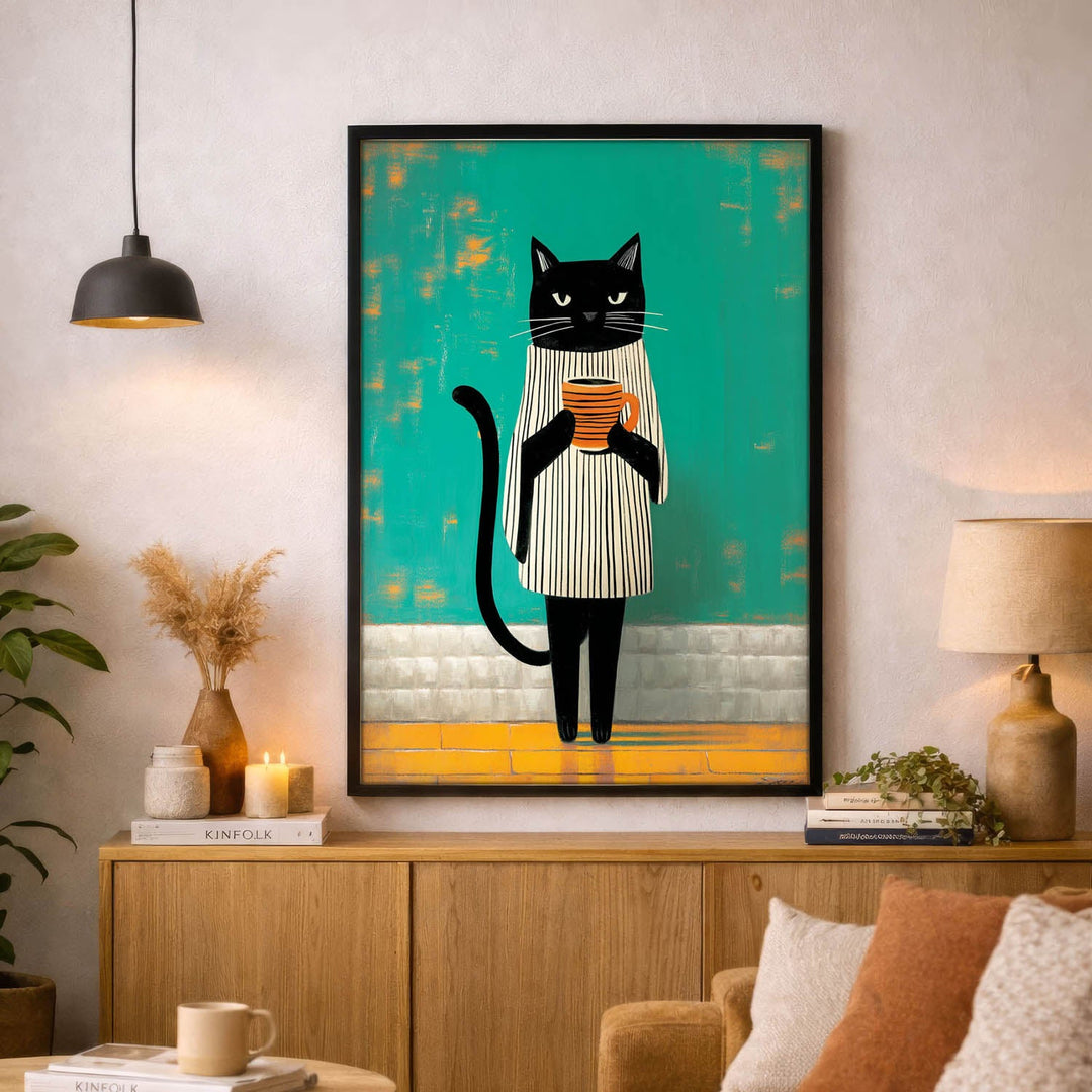 standing cat holding a cup of coffee  